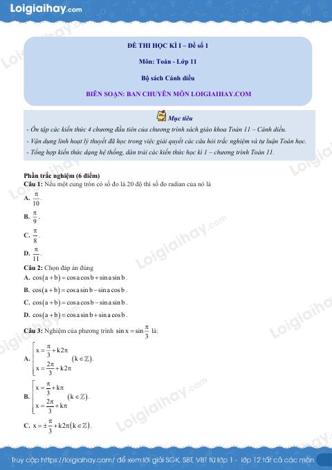 Đề thi học kì 1 Toán 11 Cánh diều - Đề số 1